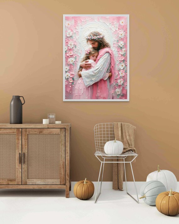 Jesus Hugging Girl Flower Crown Tender Impasto Pink Floral Christian Poster