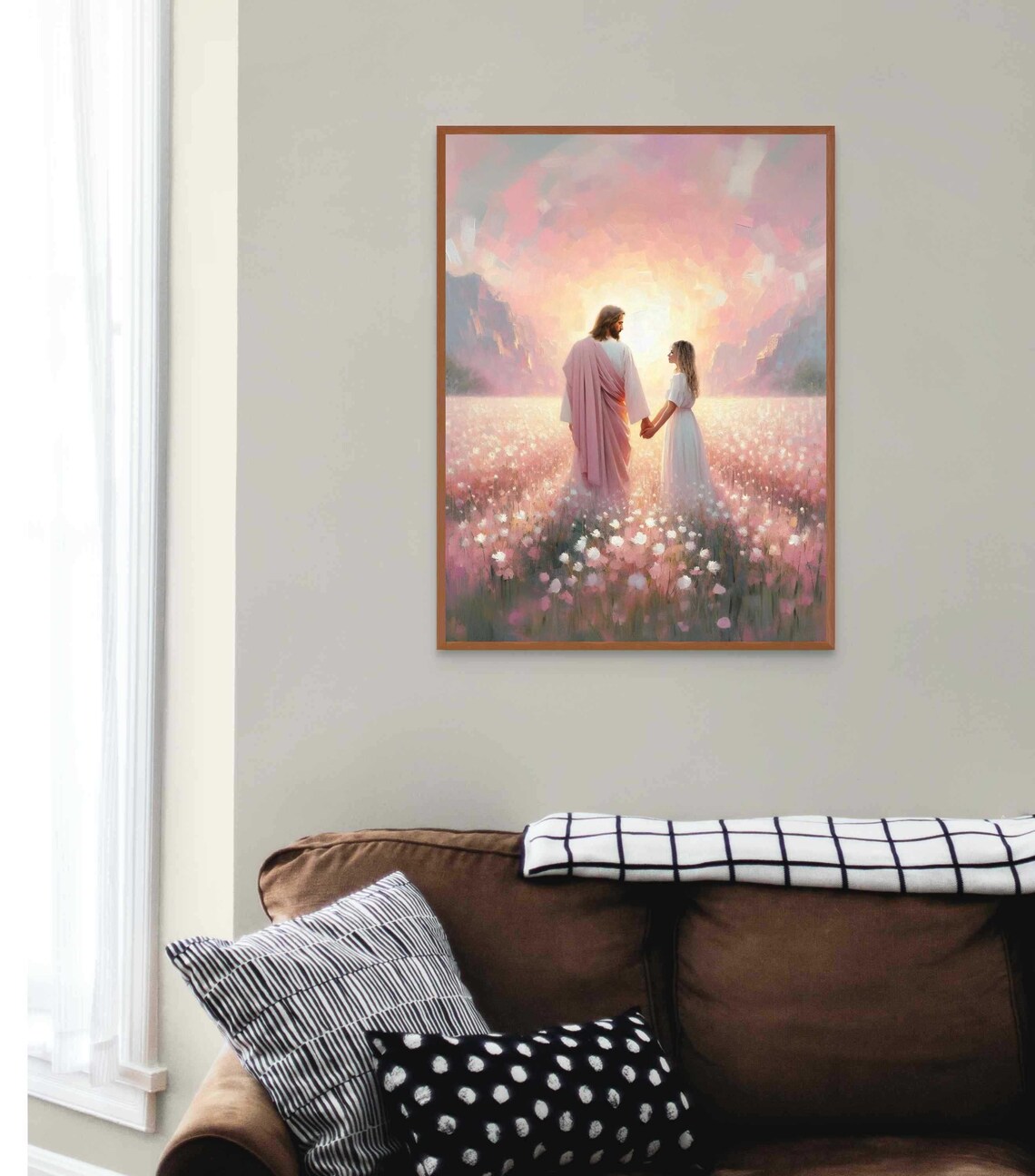 Jesus And Woman Facing Each Other Pink Flower Field Sunset Christian Poster - Image 2