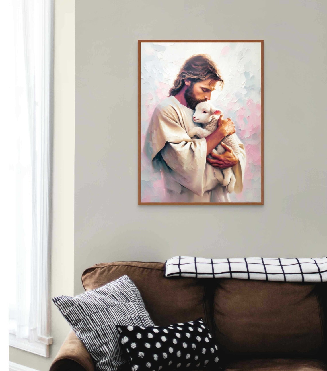 Jesus Cradling White Lamb in Cream and Pink Impasto Art Poster - Image 4