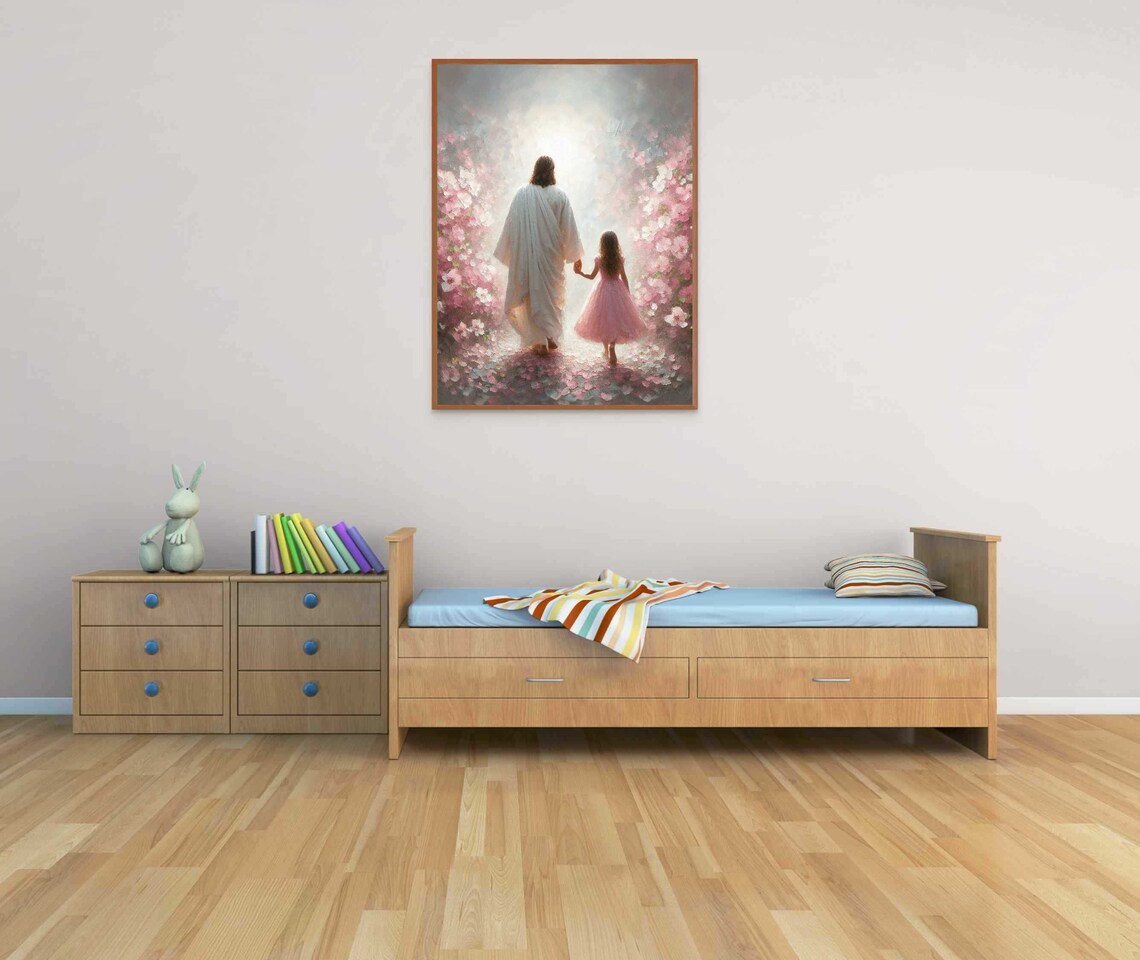 Jesus And Little Girl Walking Hand In Hand Into Heavenly Light Pink Blossom Poster - Image 2