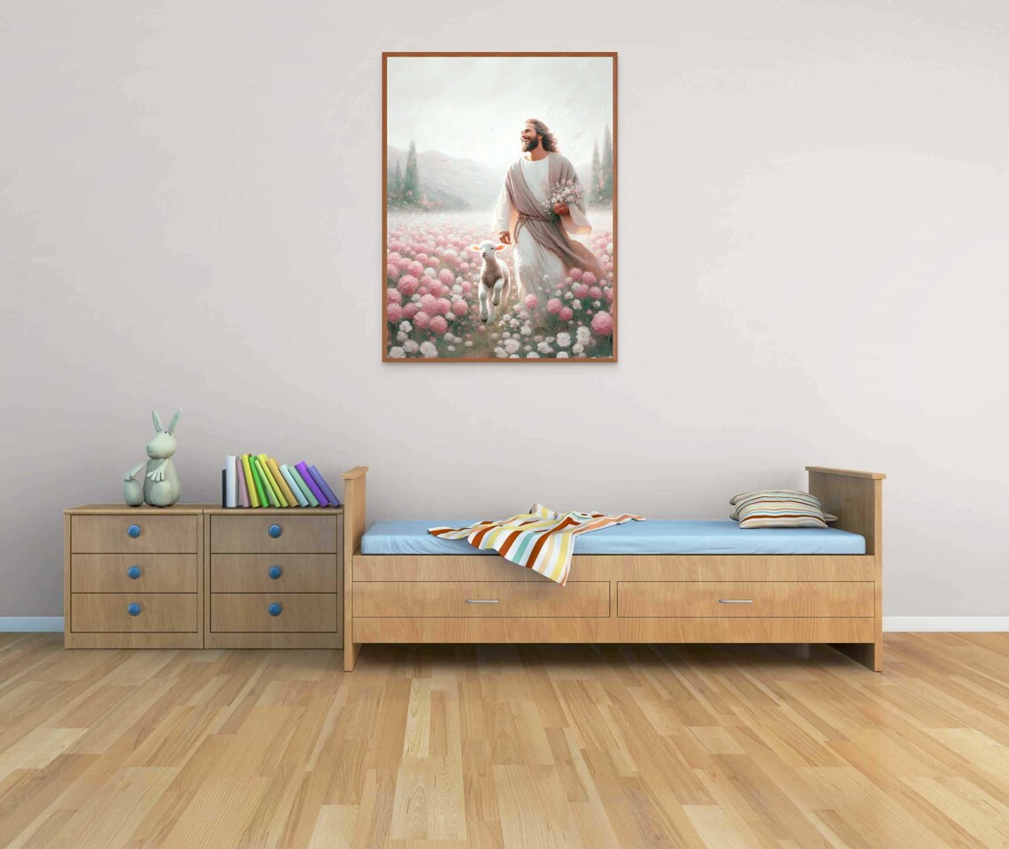 Jesus Good Shepherd Smiling Lamb Pink Flower Field Mountain Christian Print - Image 3