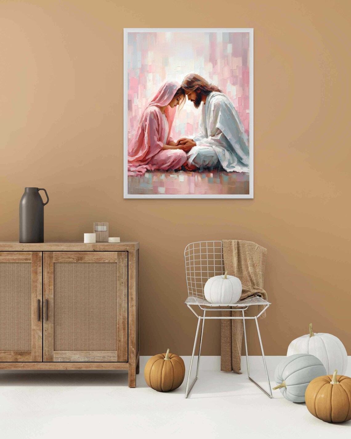Jesus Sitting With Veiled Woman in Soft Pink Prayer Art Poster - Image 3