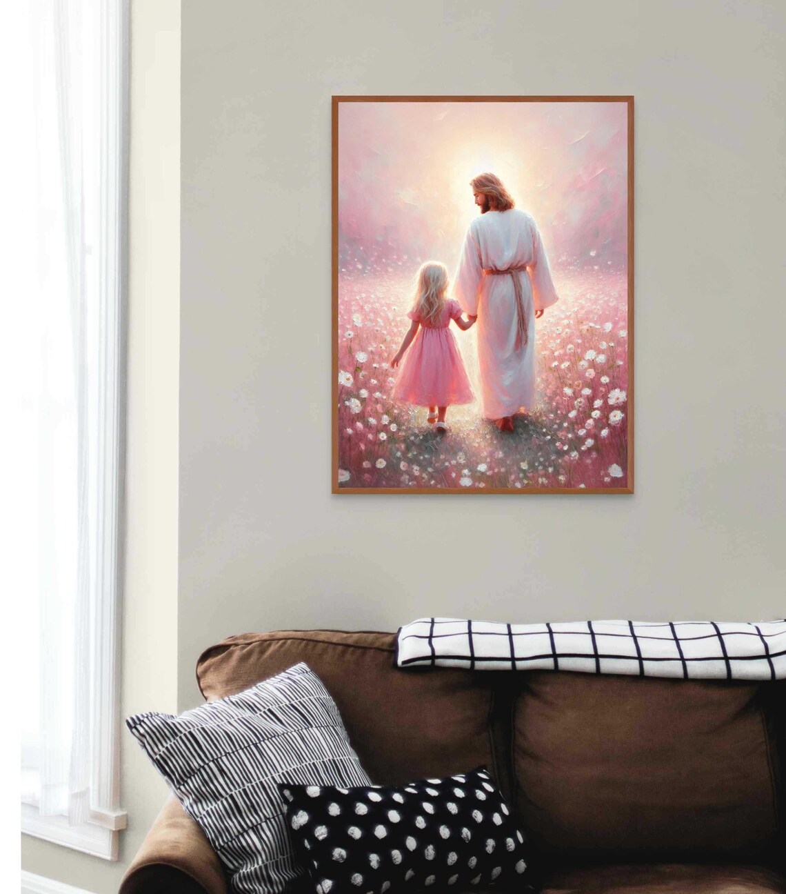 Jesus Christ and Girl Walking Hand in Hand Through Flowers Poster