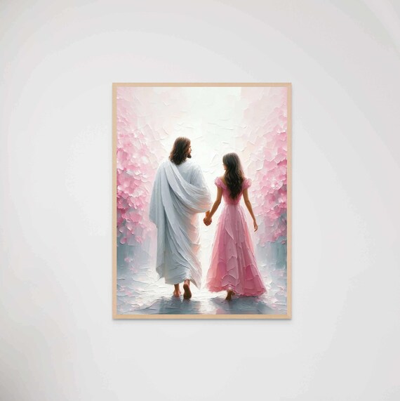 Jesus And Girl Walking Hand In Hand Pink Petal Tunnel Light Christian Print