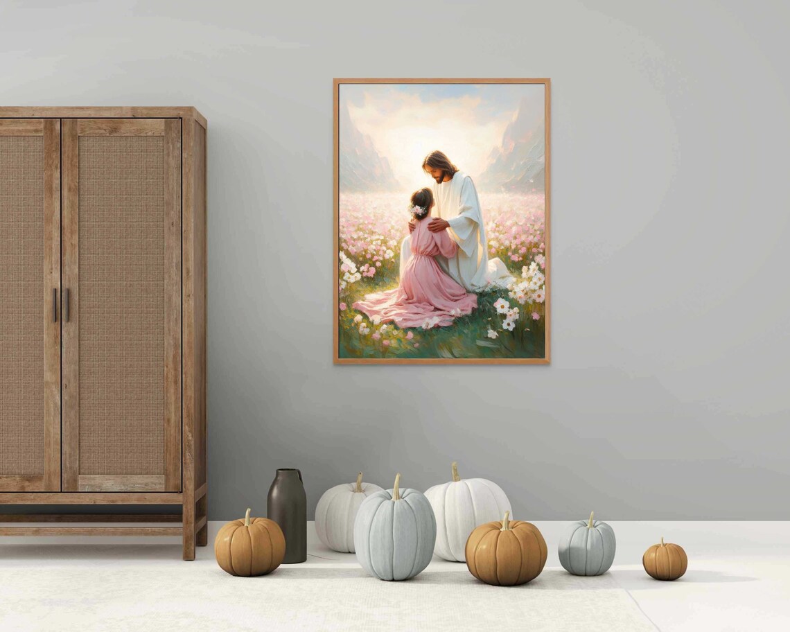Jesus Embracing Kneeling Girl White Wildflowers Mountain Christian Poster - Image 3