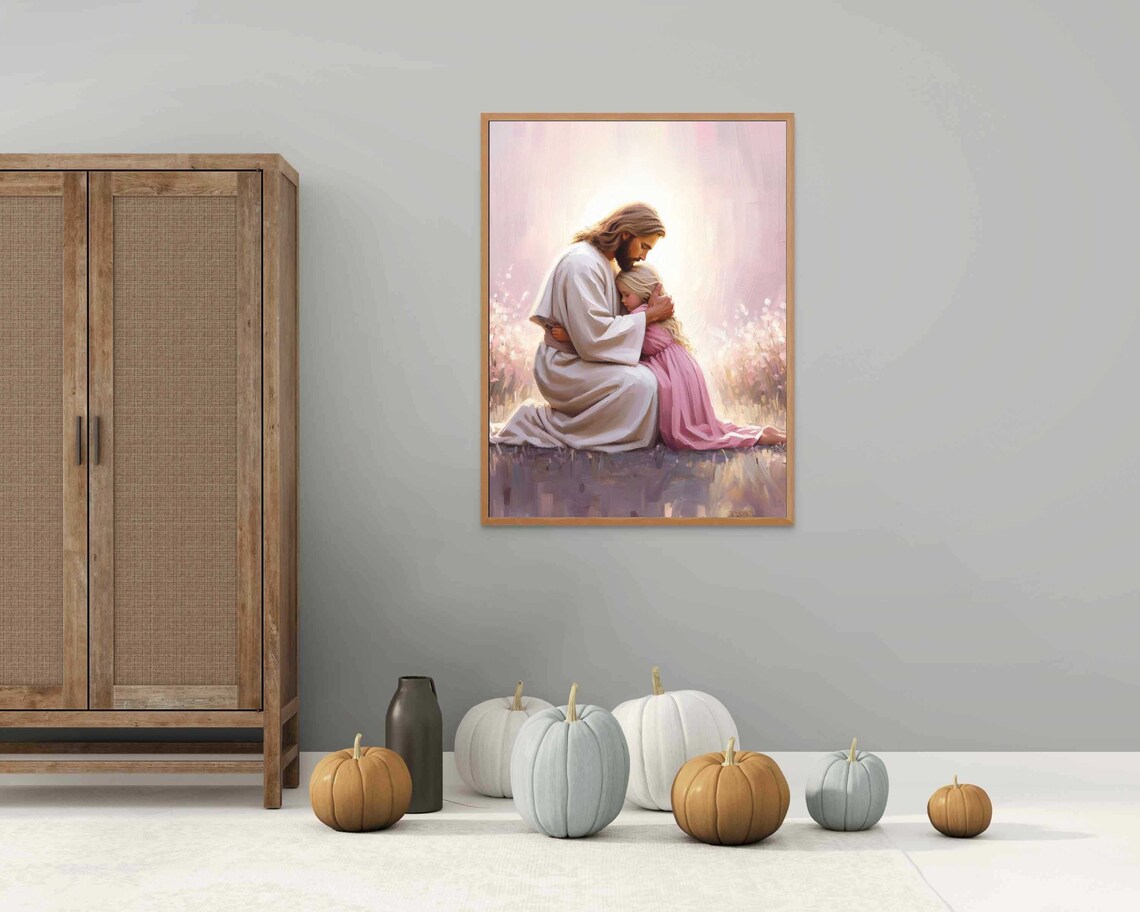 Jesus Kneeling to Hug Girl in Pink Dress in Gentle Light Poster - Image 4