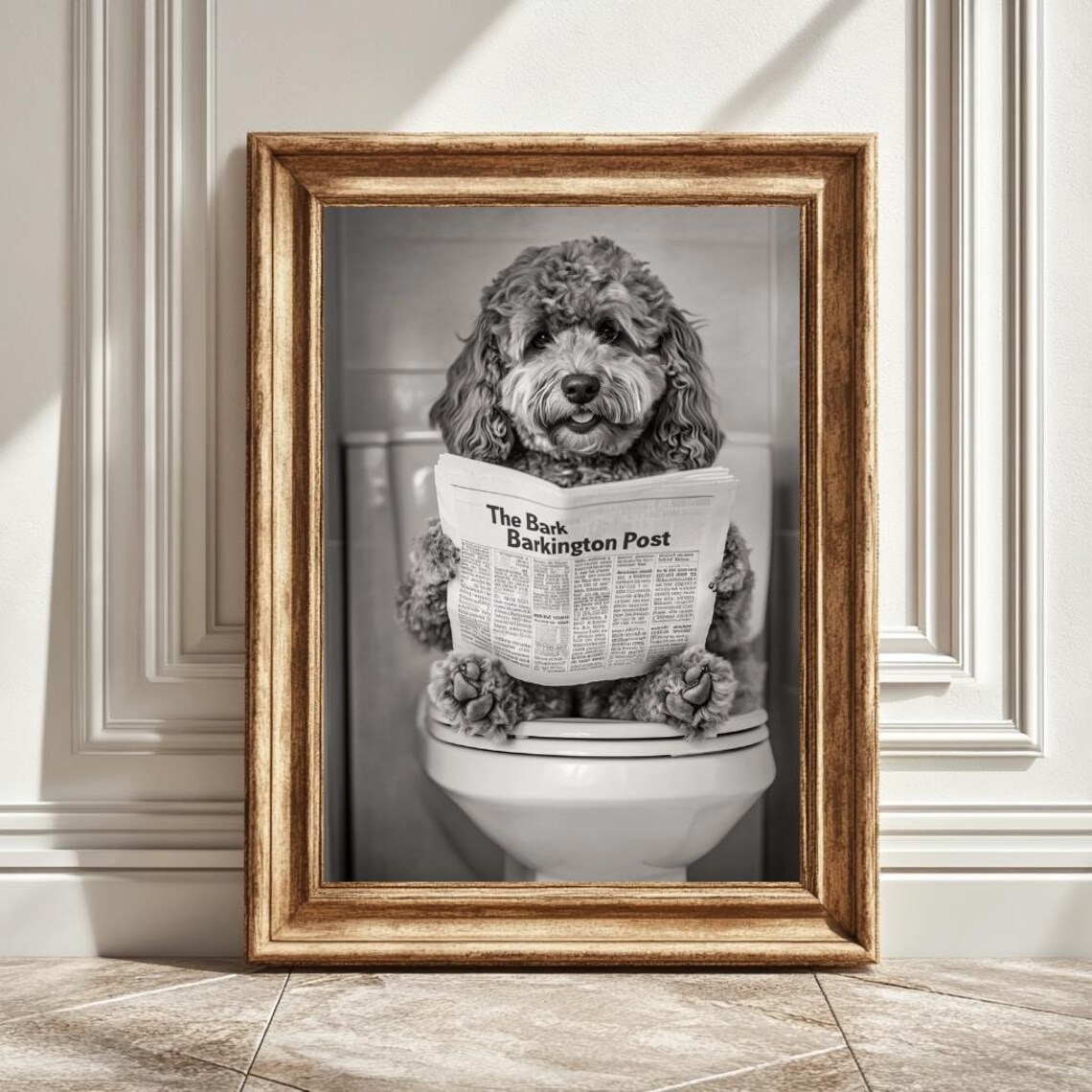 Cockapoo Dog On Toilet Reading Newspaper Art Print