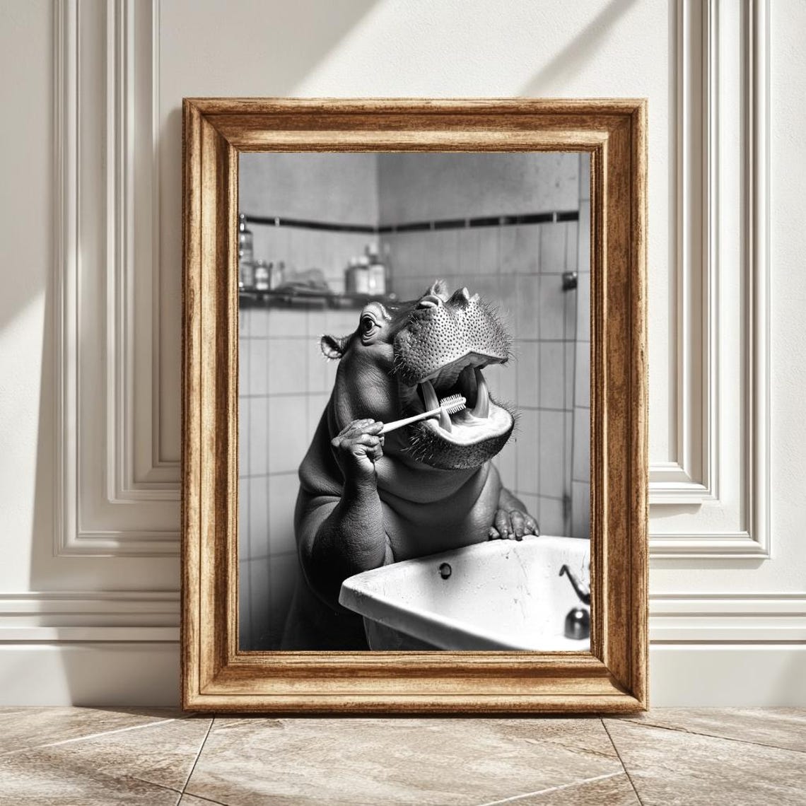 Hippo Brushing Teeth, Bathroom Decor Art Print