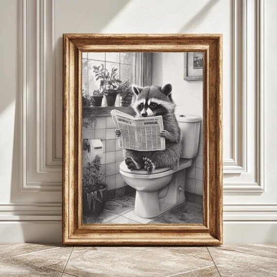 Raccoon on a Toilet Reading Newspaper, Bathroom Humor