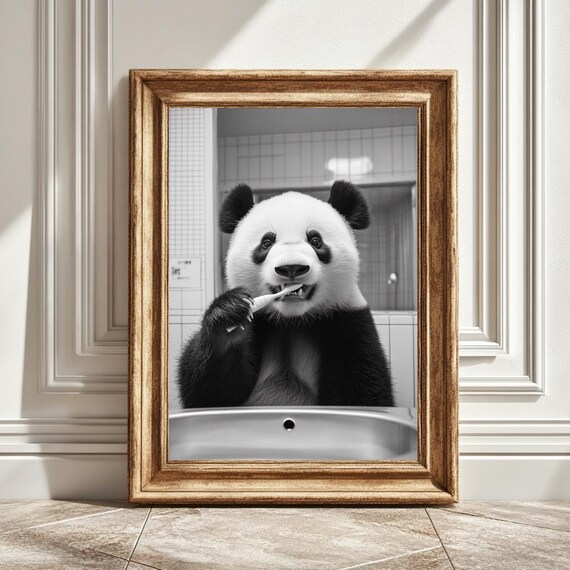 Panda Brushing Teeth, Cute Bathroom Decor