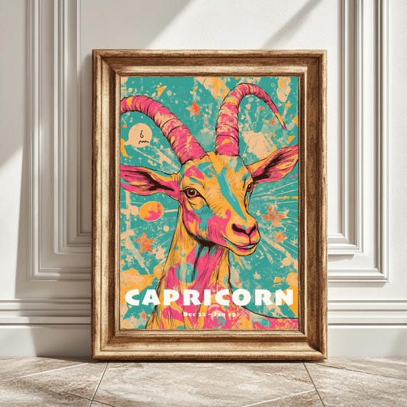 Funky Astrology Art Print, Capricorn Zodiac Decor