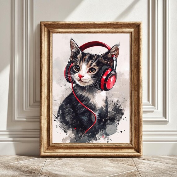 Cat With Headphones, Retro Music Lover Decor