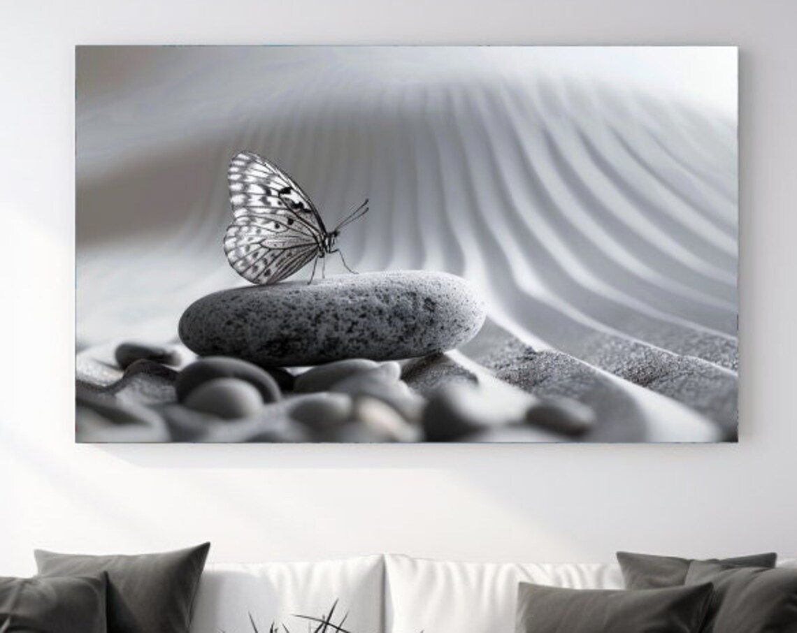 Butterfly On Zen Stone Monochrome Garden Calm Minimal Nature Wall Art