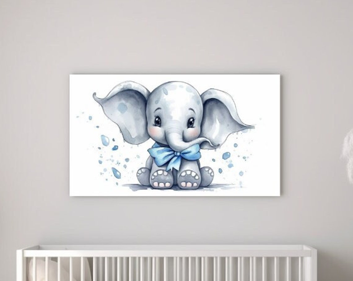 Cute Baby Elephant With Blue Bow Tie Watercolor Nursery Wall Art