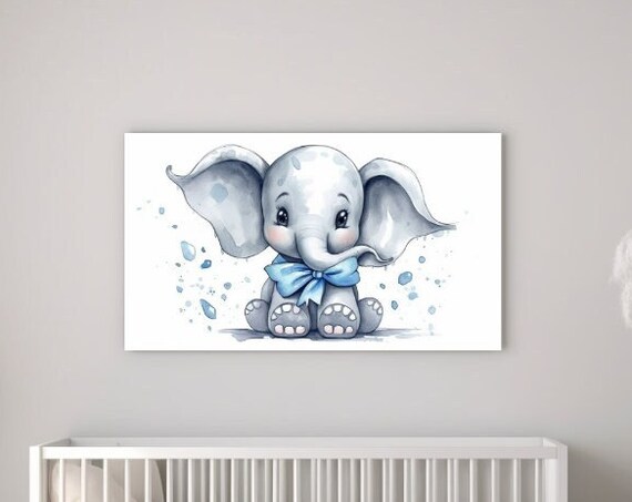 Cute Baby Elephant With Blue Bow Tie Watercolor Nursery Wall Art