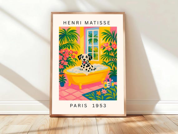 Dalmatian In A Bathtub Funny Bathroom Wall Art Mid Century Modern Dog Matisse Print Dopamine Decor Pink Tropical Poster