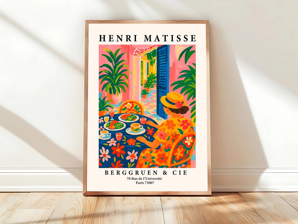 Woman Dining at Colorful Restaurant Matisse Style Art Poster