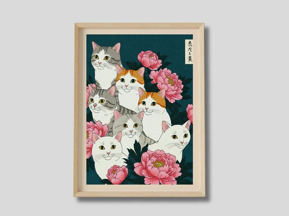 Japanese Woodblock Cats with Peonies Floral Feline Art Print