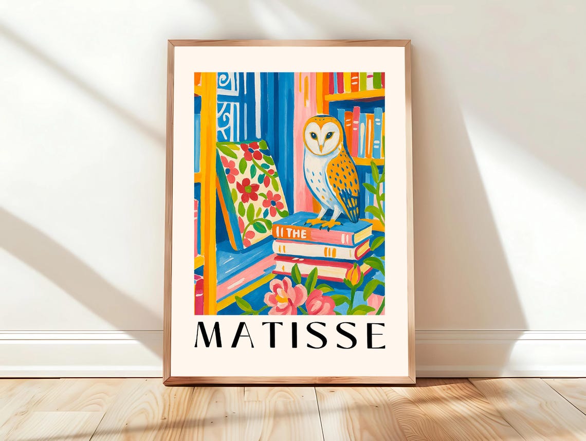 Matisse Style Barn Owl on Books Library Colorful Bookish Print