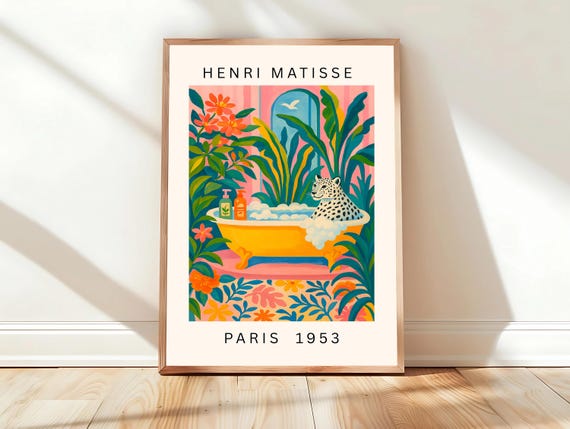 Snow Leopard Art Print Matisse Poster Pink Wall Bathroom Decor Mediterranean
