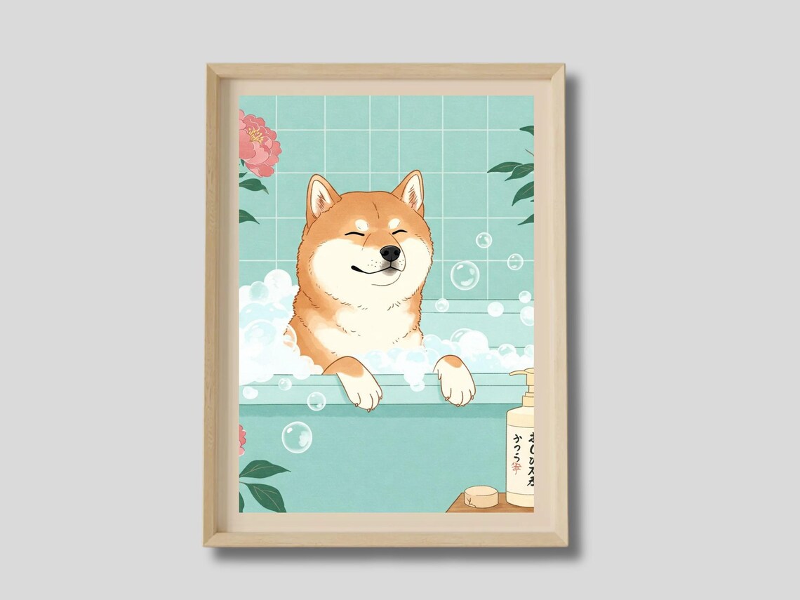Shiba Inu in Bubble Bath Japanese Kawaii Bathroom Cute Print