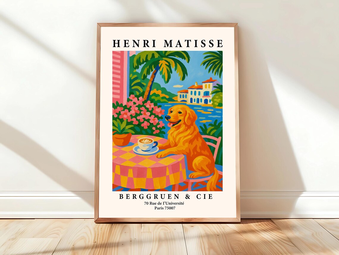Henri Matisse Style Golden Retriever Coffee Tropical Riviera Poster