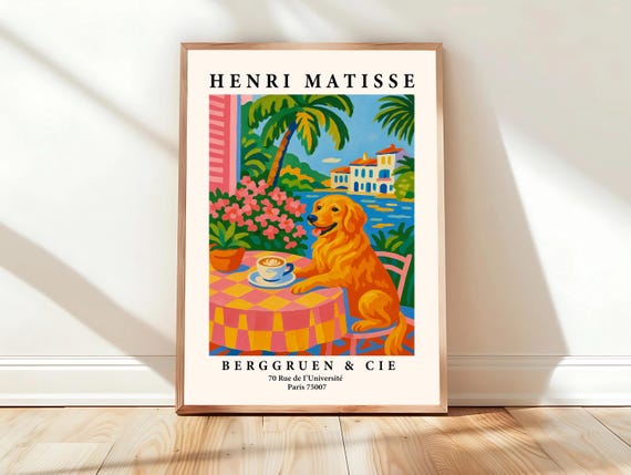 Golden Retriever Drinking Coffee Henri Matisse Print Pink Kitchen Wall Art Funny Good Boy Dog Dopamine Decor Maximalist Poster
