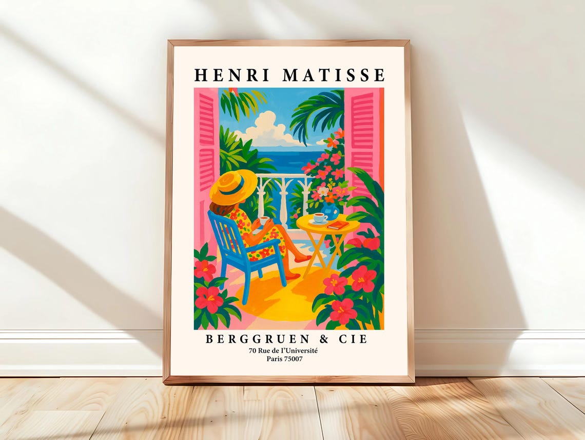Woman in Straw Hat on Seaside Balcony Matisse Style Art Poster