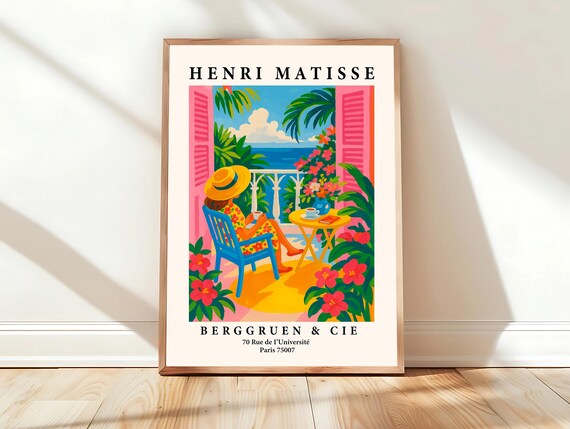 Woman in Straw Hat on Seaside Balcony Matisse Style Art Poster