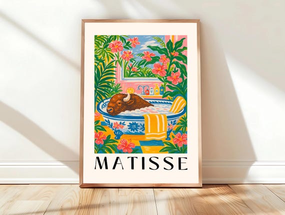 Bison In Bathtub Art Print Mid Century Bathroom Decor Pink Tropical Flowers Wall Matisse Poster