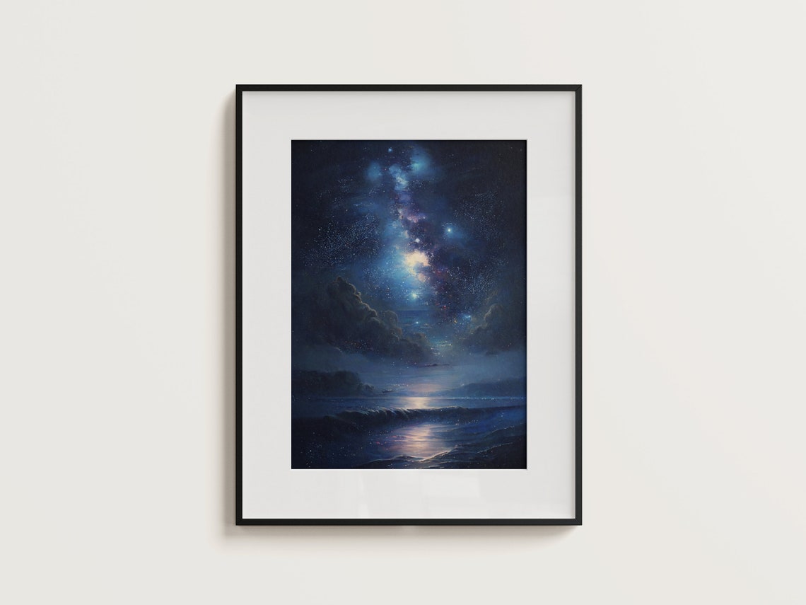 Milky Way Galaxy Night Sky Glowing Above Moonlit Ocean Waves Poster - Image 3