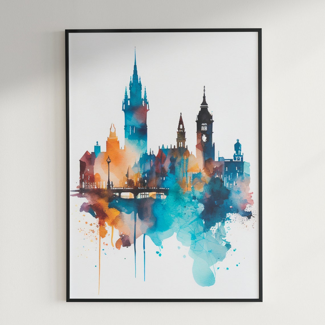 Amsterdam Watercolor Canal Houses with Historic Church Spires Poster - Image 3