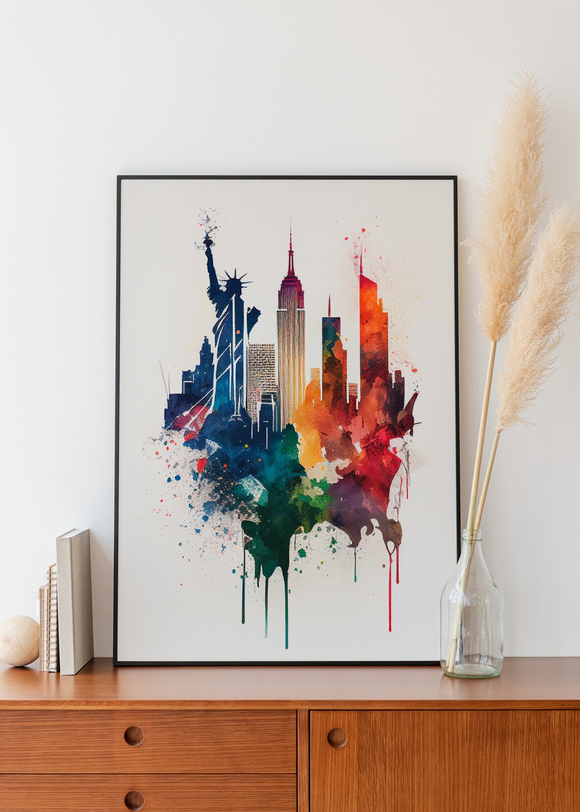 New York City Skyline Statue of Liberty Watercolor Travel Poster