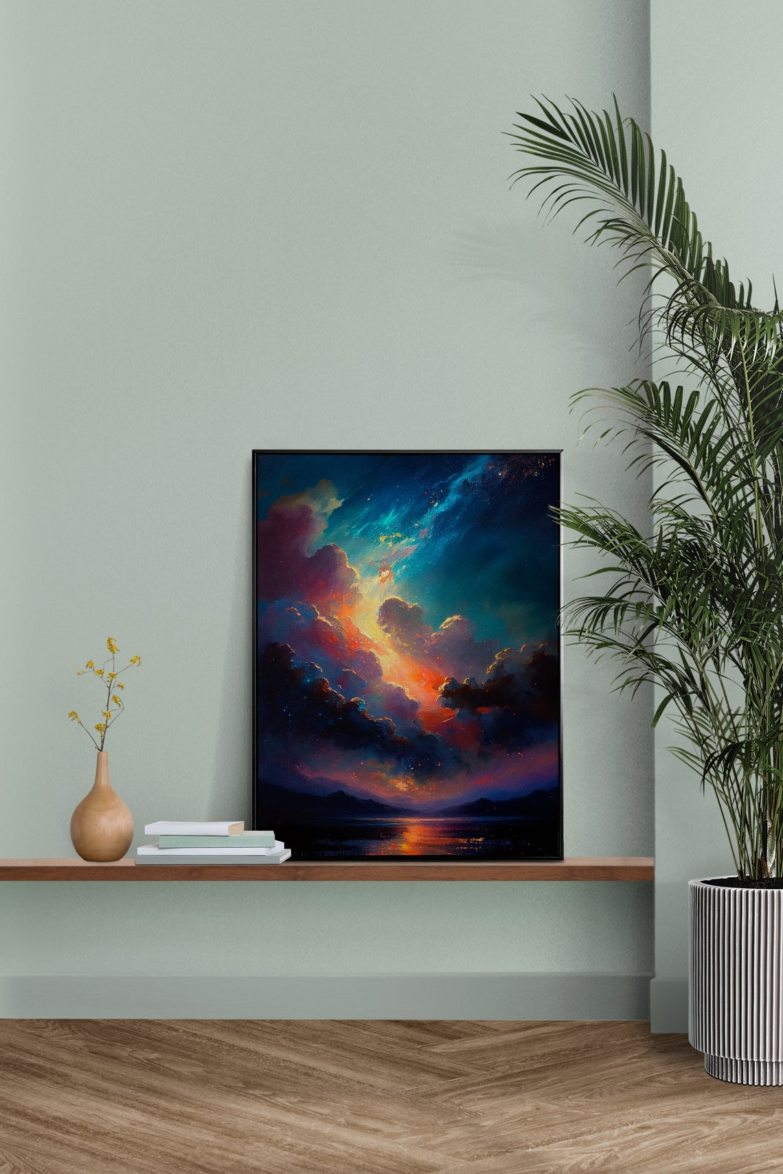 Dramatic Sunset Clouds Over Lake Colorful Painting Art Poster - Image 2