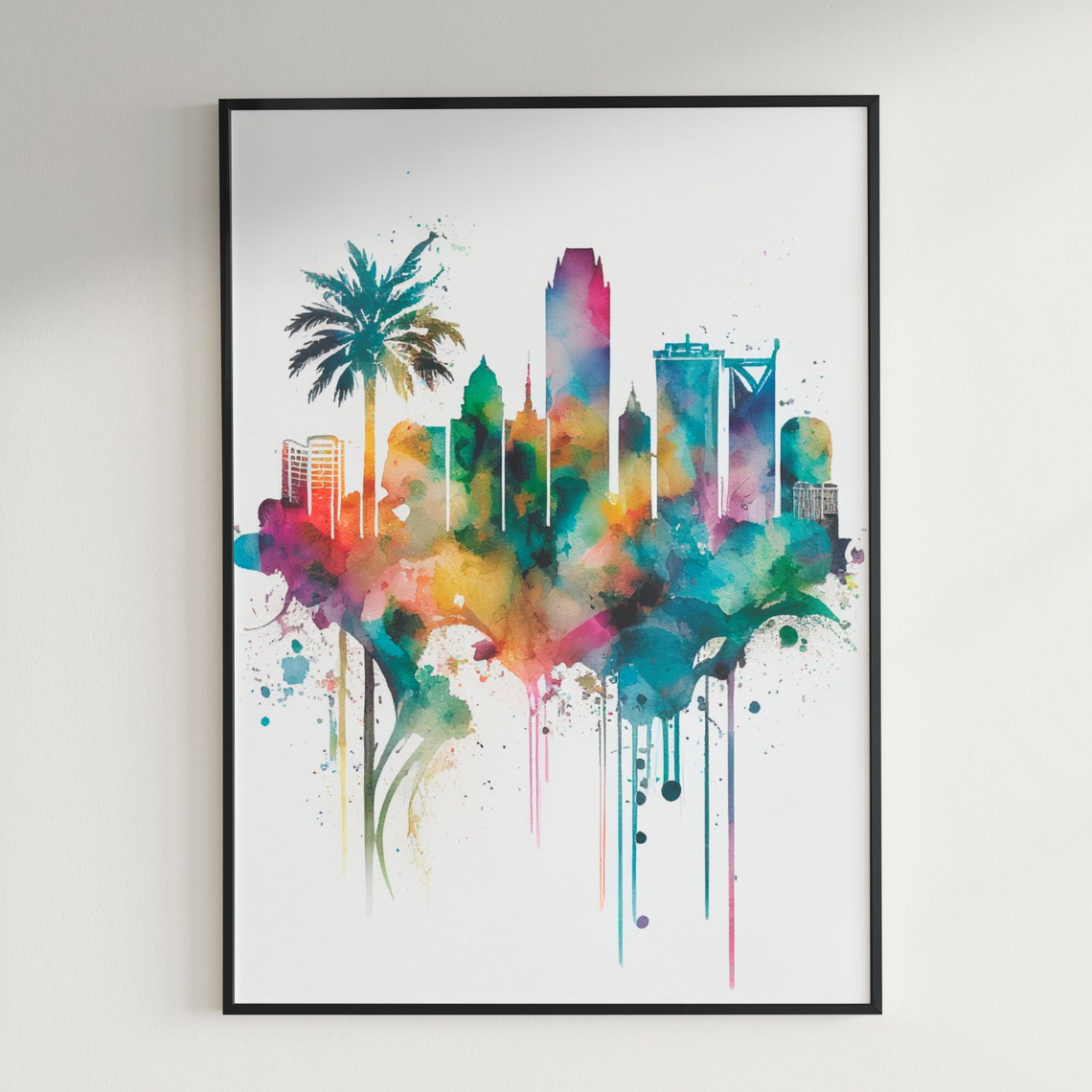 Coastal City Skyline with Palm Tree Watercolor Splash Art Poster - Image 3