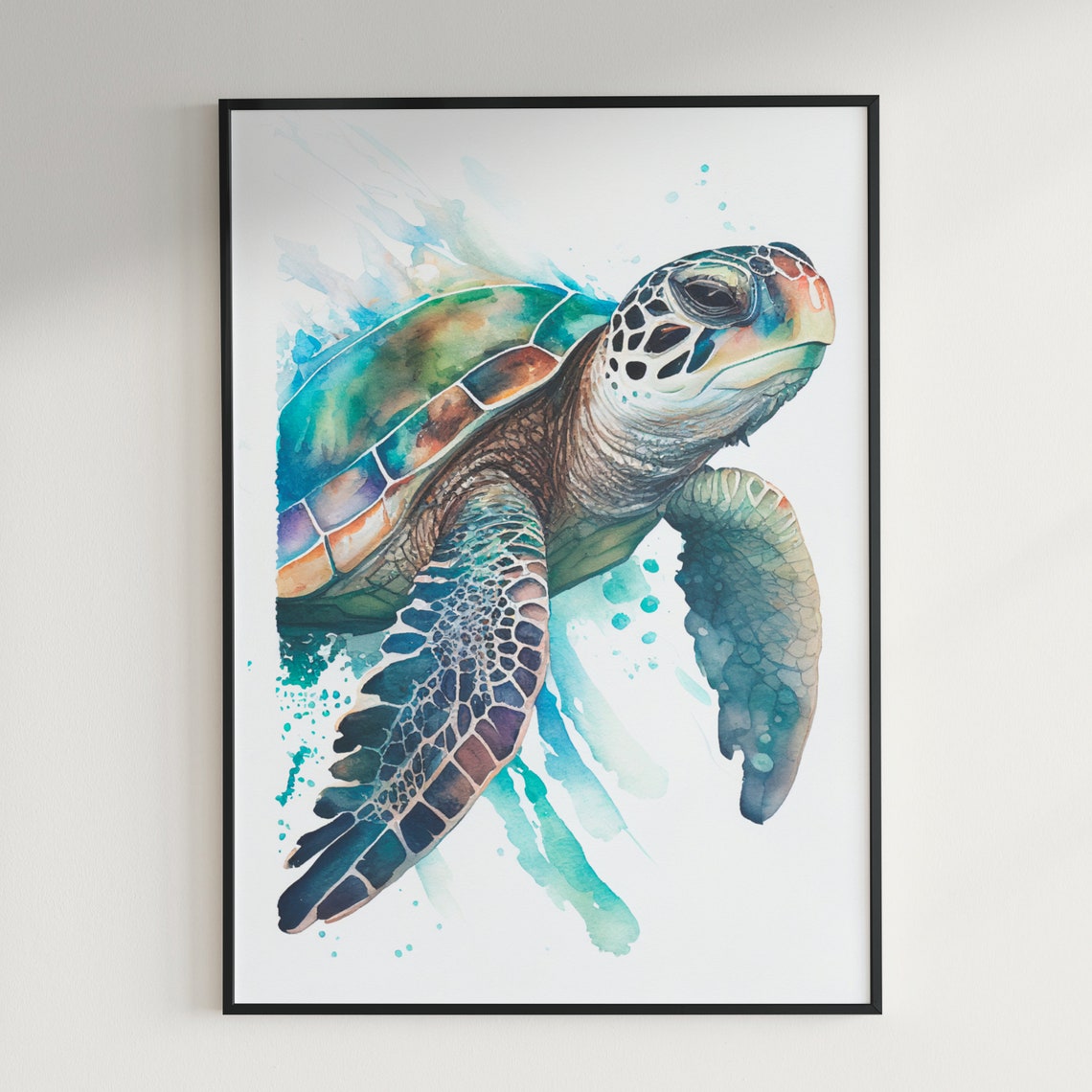 Sea Turtle Swimming Watercolor Ocean Reef Marine Life Wall Art - Image 2