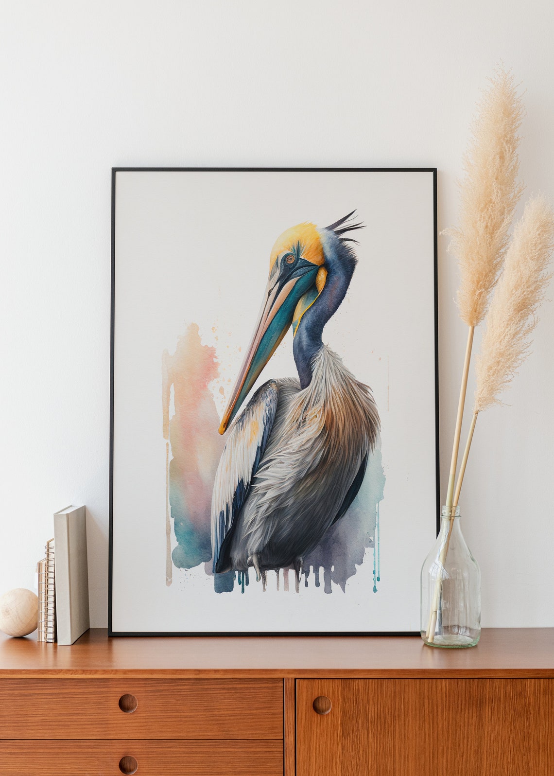 Brown Pelican Seabird with Long Bill Watercolor Portrait Poster
