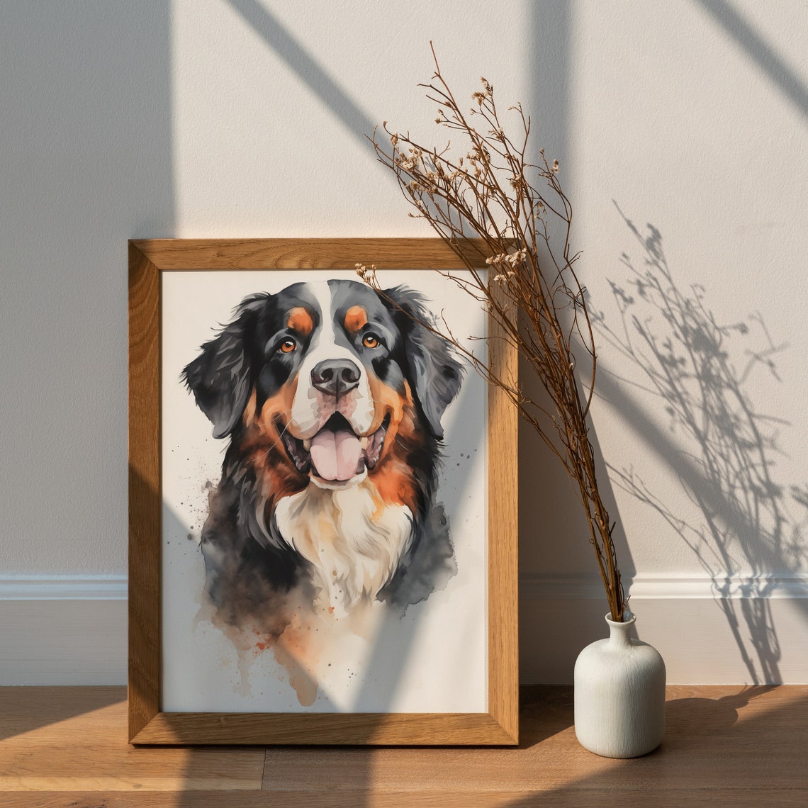 Smiling Bernese Mountain Dog Watercolor Happy Pup Portrait Wall Art - Image 2