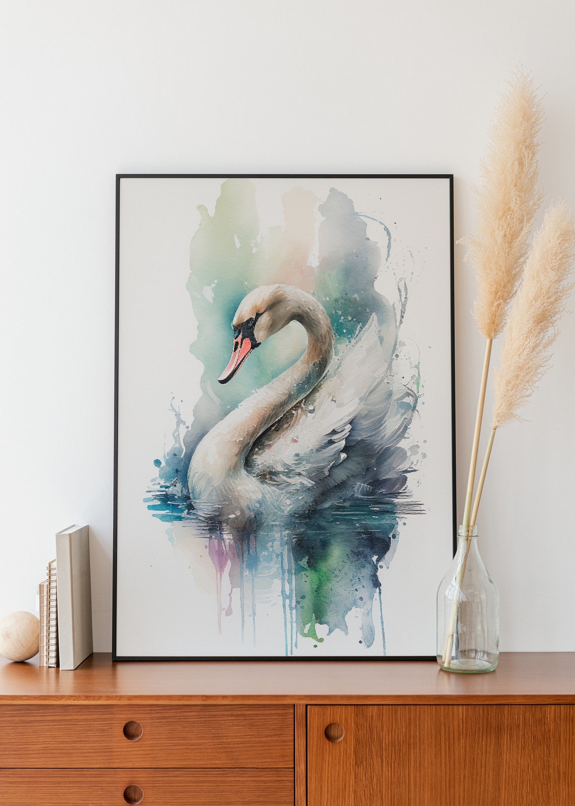 Mute Swan Gliding on Calm Lake Watercolor Bird Portrait Poster