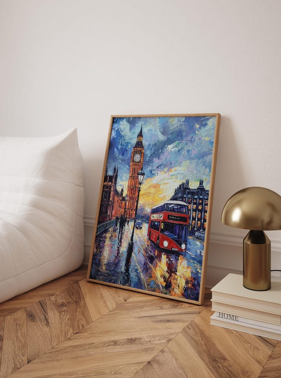 London Big Ben Impressionist Art Print Red Bus Cityscape