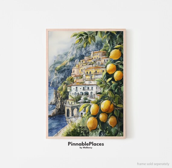 Amalfi Coast Watercolor Poster Lemon Tree Cliffside Village Art