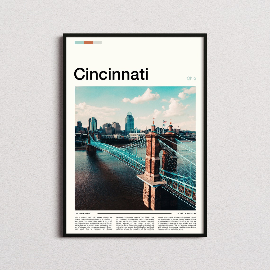 Cincinnati Ohio Roebling Bridge Skyline Modern Travel Poster