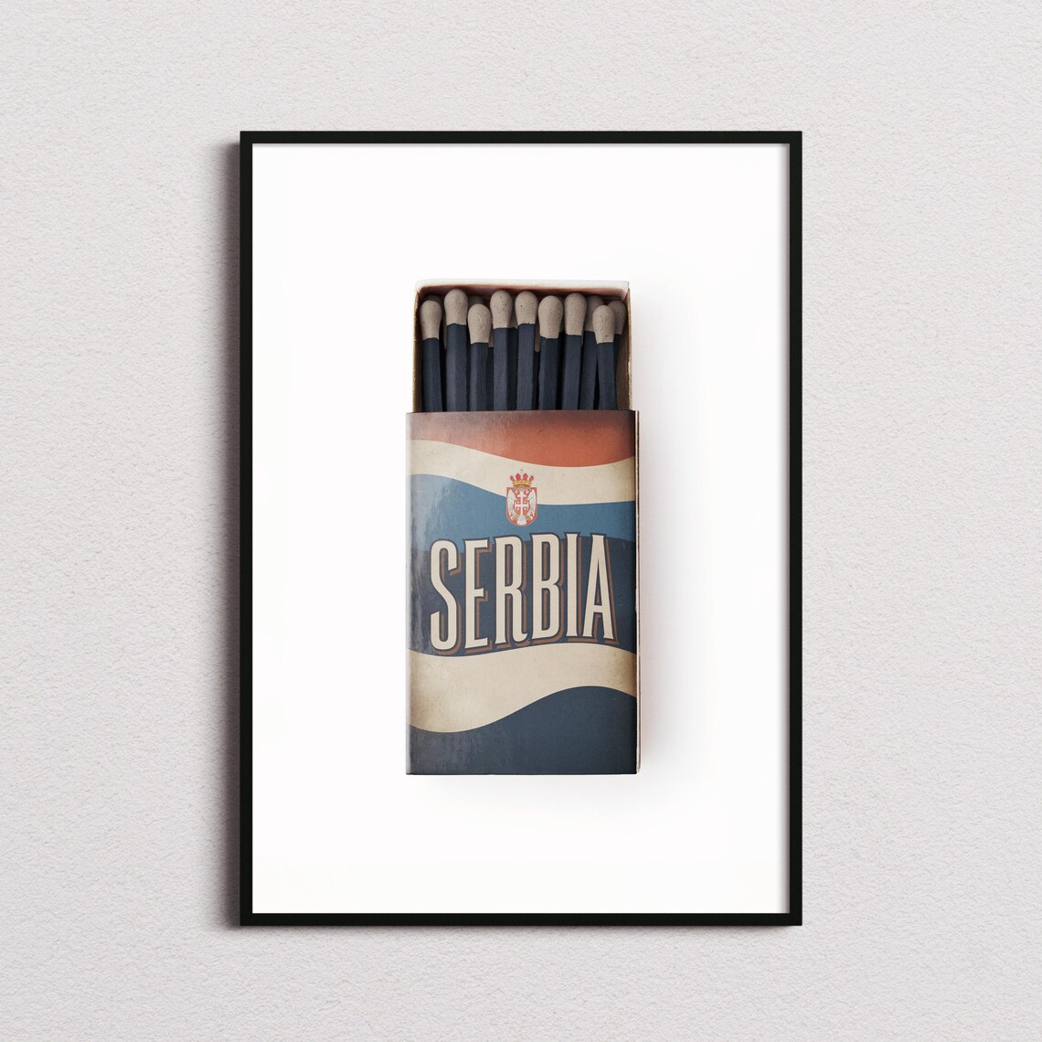 Serbia Vintage Matchbox Flag Art Coat of Arms Style Travel Poster