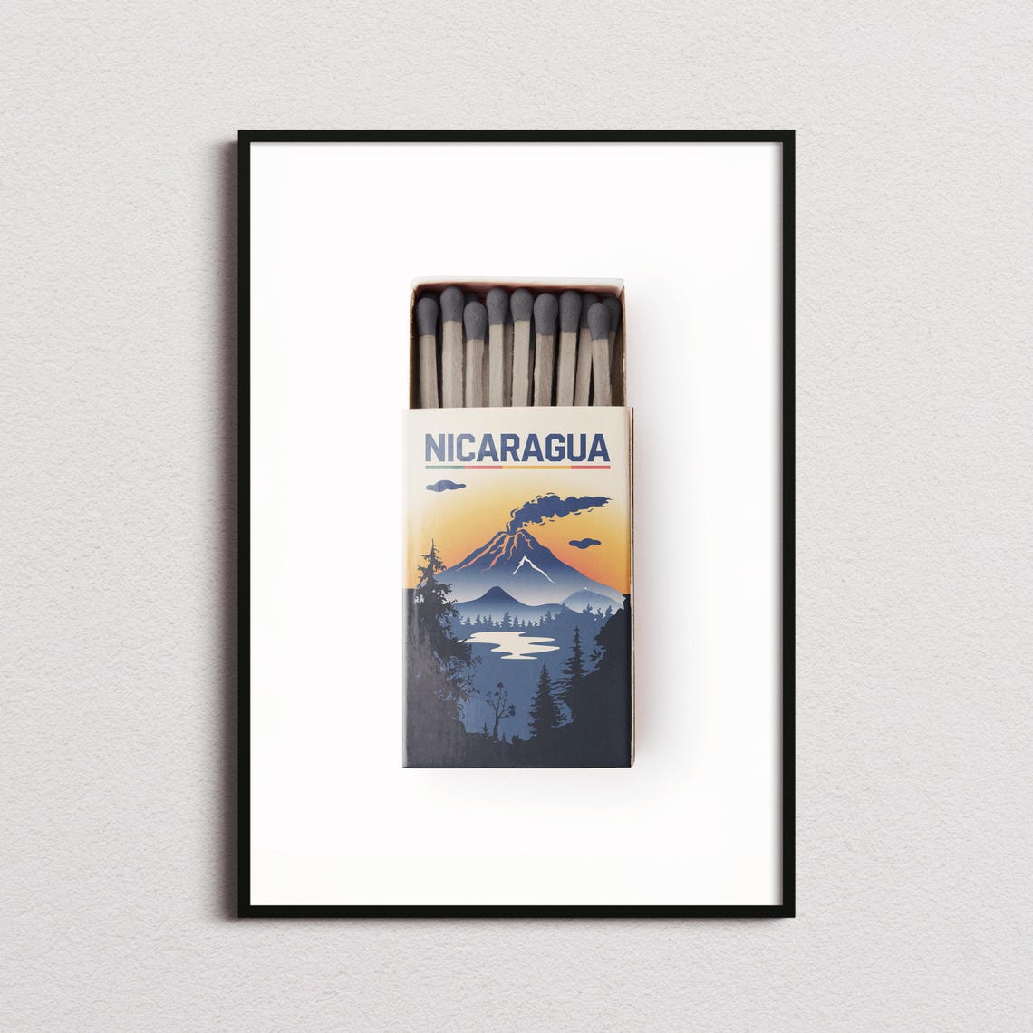 Nicaragua Volcano Sunset Matchbox Art Travel Souvenir Poster