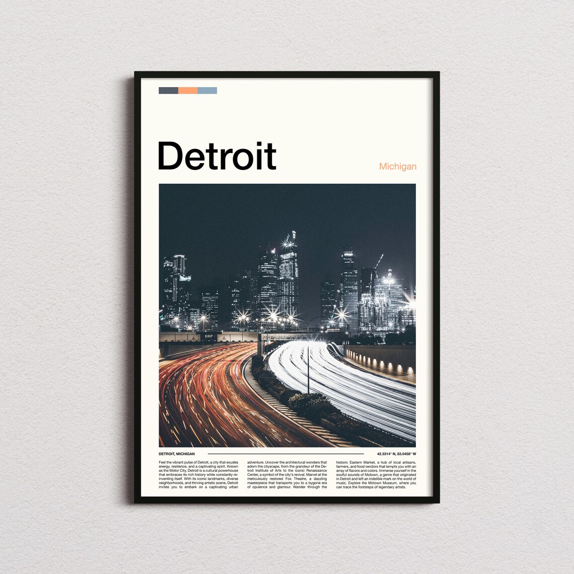 Detroit Michigan Night Skyline Highway Light Trails City Travel Poster