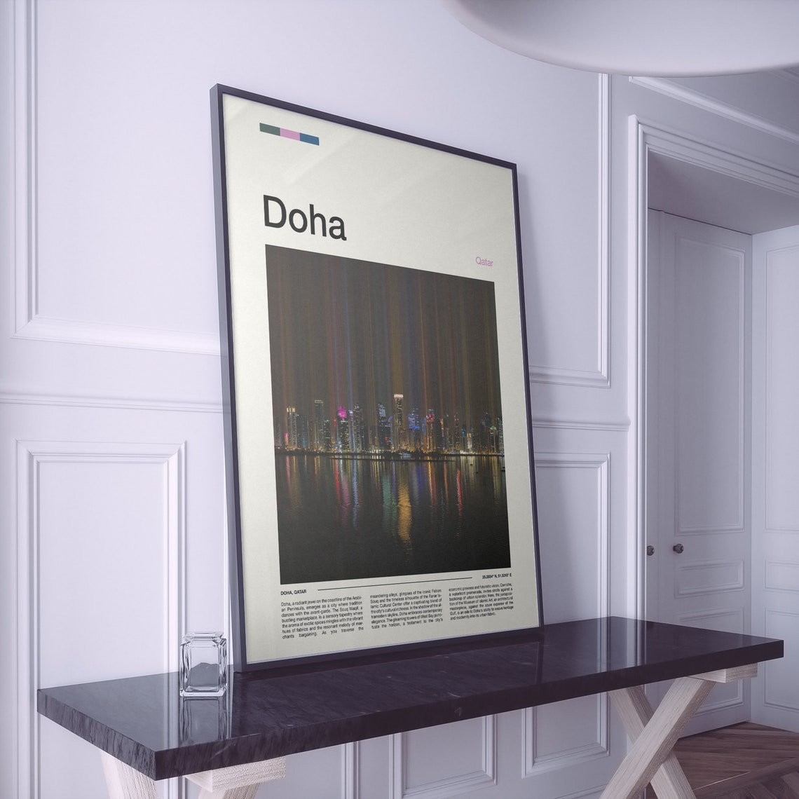 Doha Qatar Night Skyline Light Beams Reflections Photography Poster - Image 2