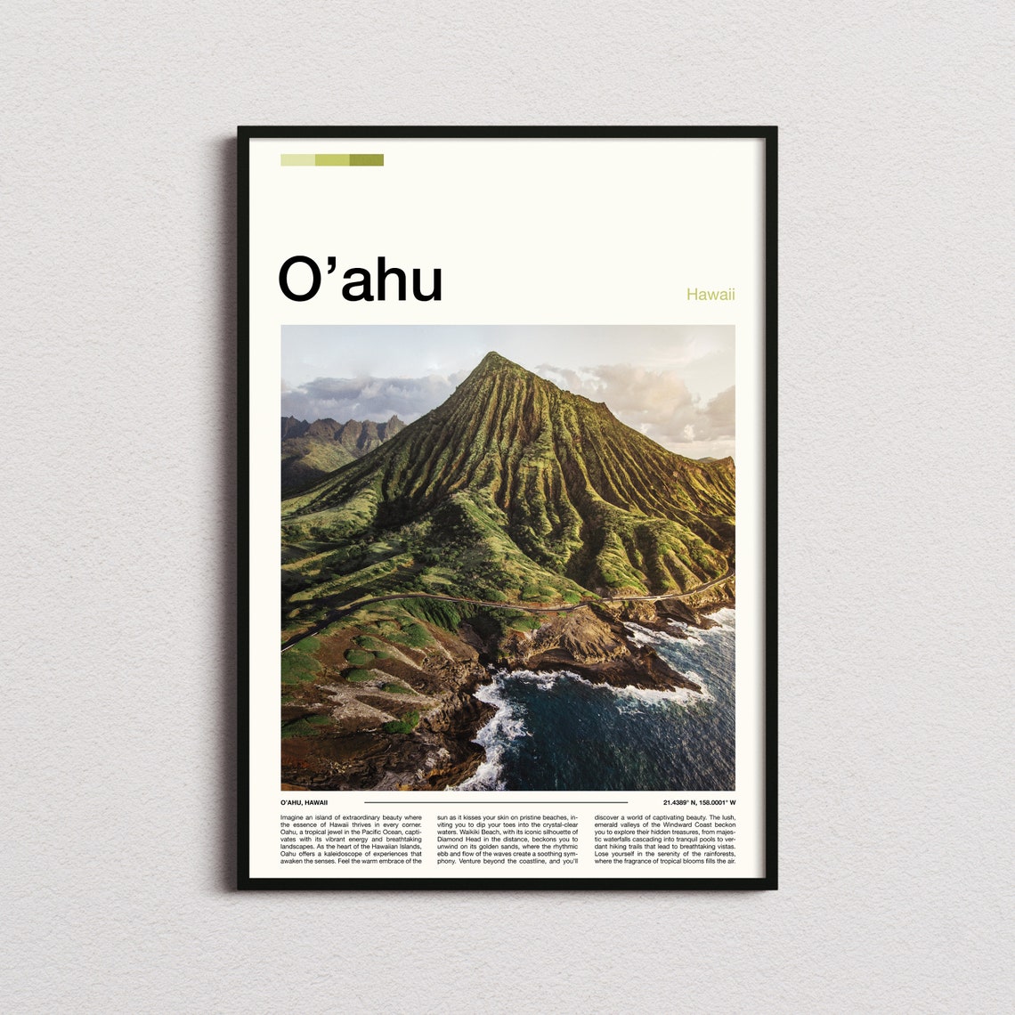 Oahu Hawaii Green Mountain Coast Aerial Ocean View Travel Poster