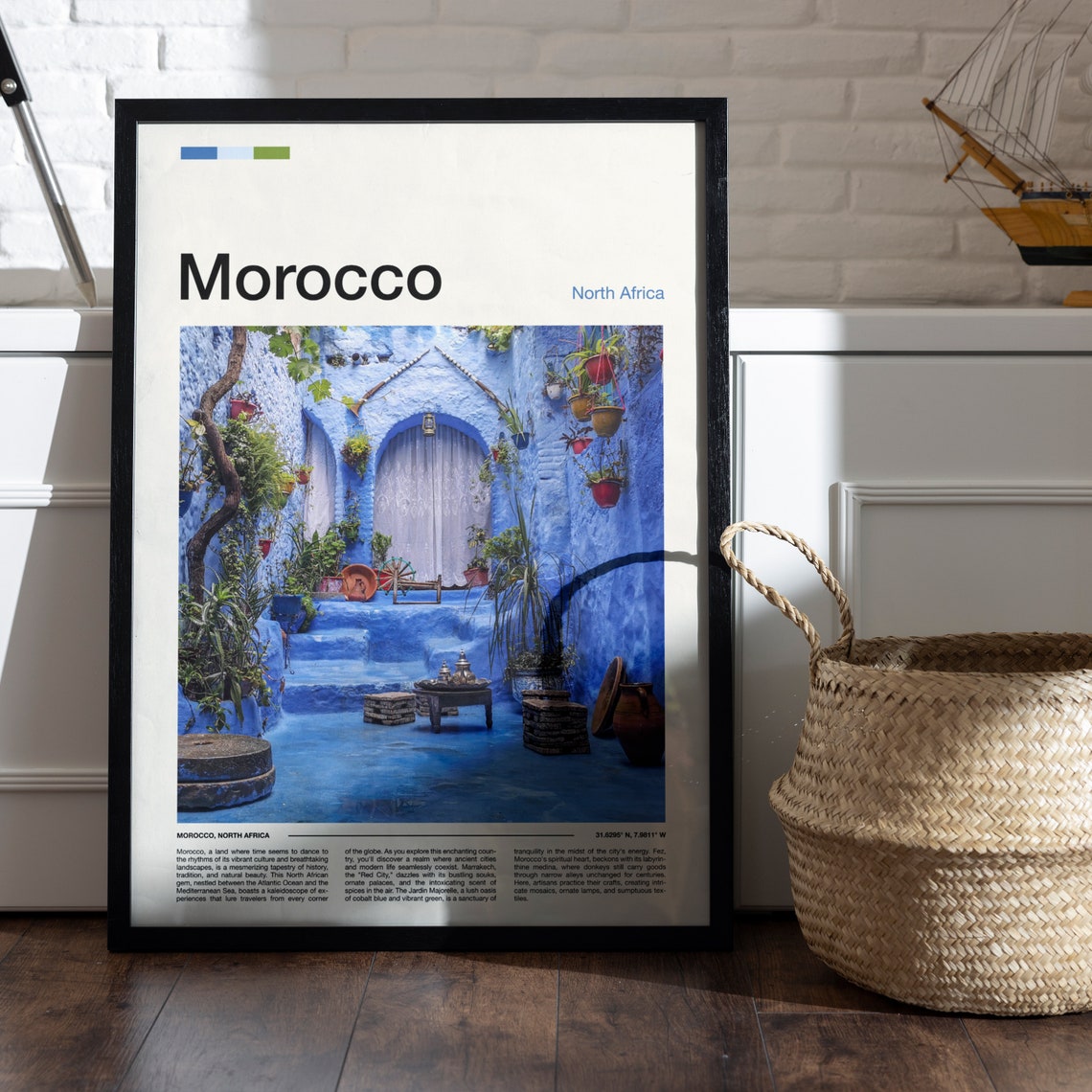 Morocco Blue Painted Alleyway Courtyard Potted Plants Travel Poster - Image 4