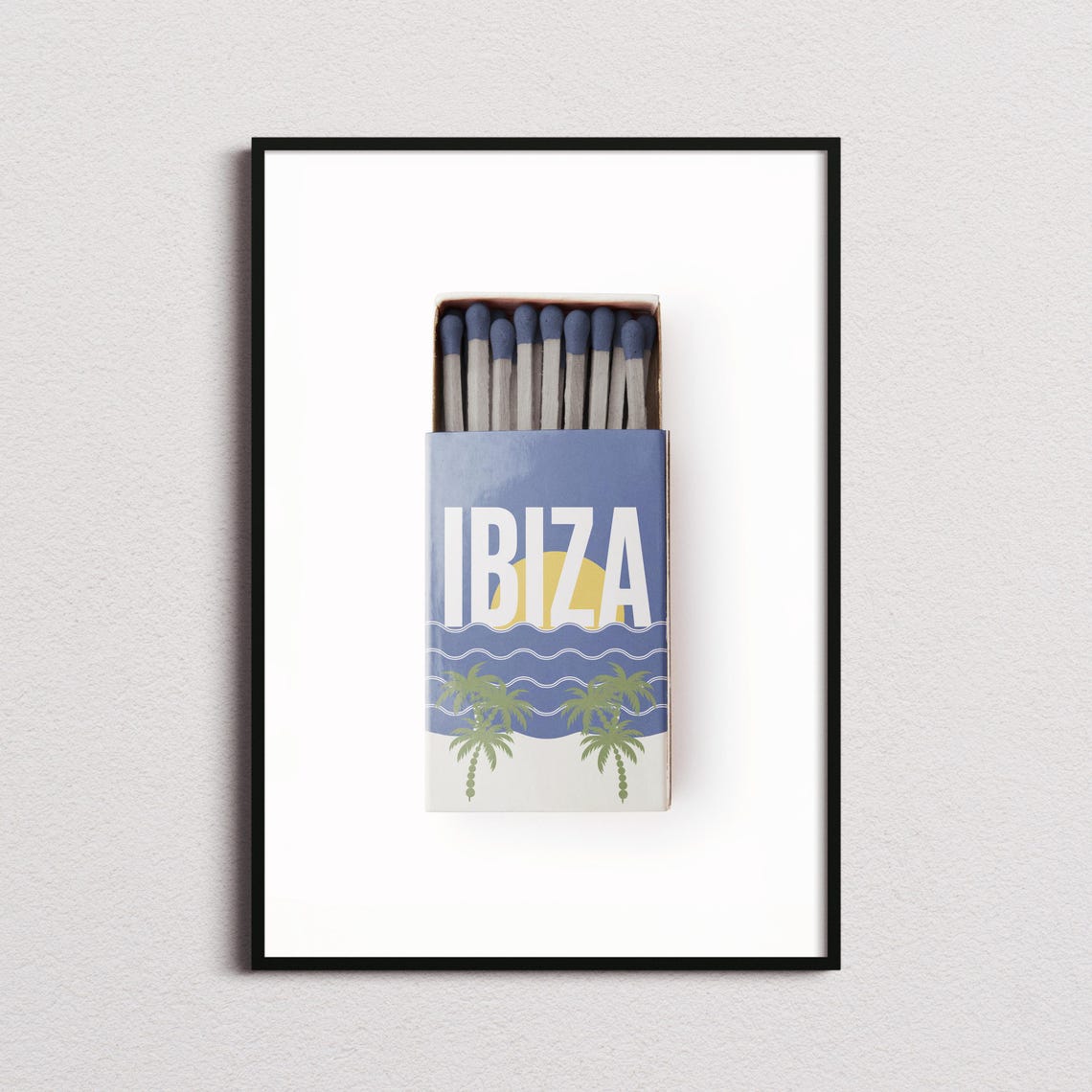 Ibiza Vintage Beach Matchbox Palm Sun Ocean Waves Retro Poster