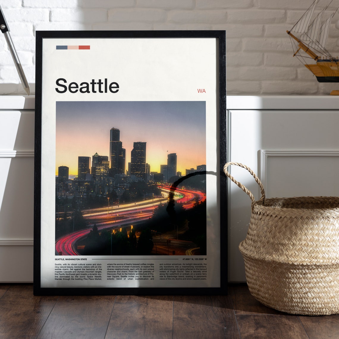 Seattle Washington Sunset Skyline With Freeway Light Trails Poster - Image 5